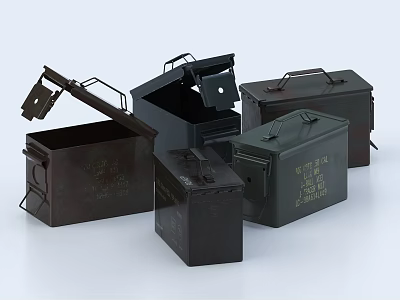 Military Style Metal Boxes With Various Styles Open Closed Lids Handles Latches Dark Green Black 3d model