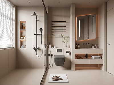 Modern Bathroom Interior Design With Glass Shower Wall Mounted Toilet Backlit Mirror And Potted Plant 3d model
