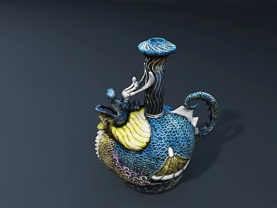 Artistic Dragon Shaped Ceramic Vessel With Blue Yellow Patterns And Decorative Design 3d model