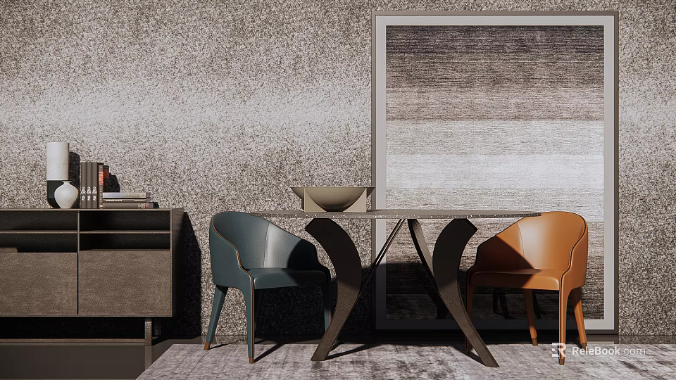 Modern Dining Table Set With Teal And Orange Chairs Side Cabinet And Wall Art 3d model 