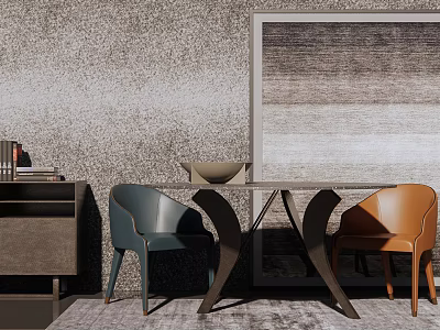 Modern Dining Table Set With Teal And Orange Chairs Side Cabinet And Wall Art 3d model