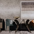 Modern Dining Table Set With Teal And Orange Chairs Side Cabinet And Wall Art