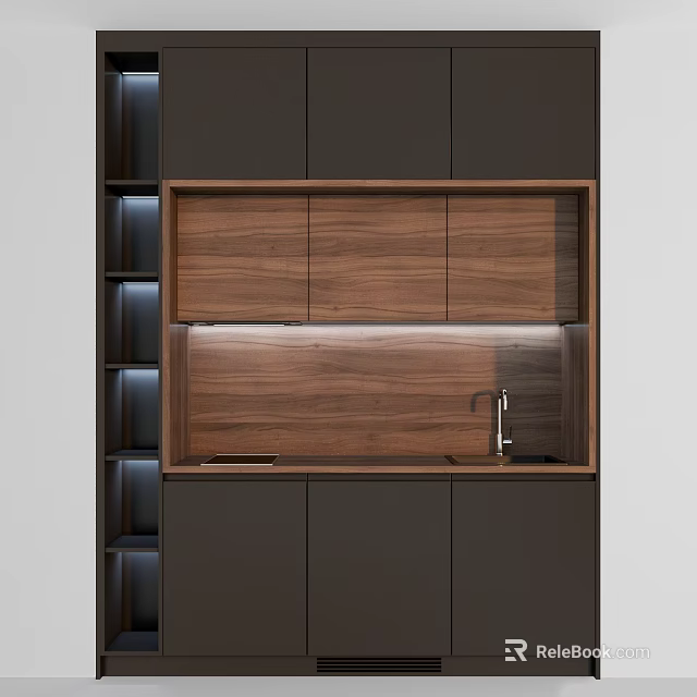 Modern Dark Kitchen Cabinets With Wooden Panels Faucet And Countertop 3d model 