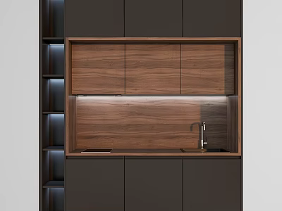Modern Dark Kitchen Cabinets With Wooden Panels Faucet And Countertop 3d model
