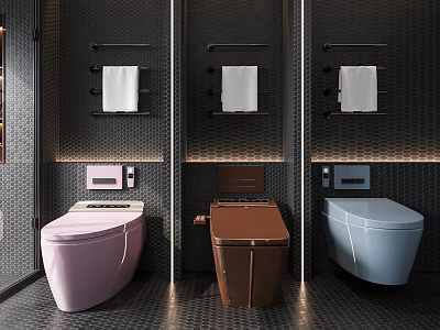 Modern Bathroom Interior With Pink Brown And Blue Toilets And Towel Racks 3d model