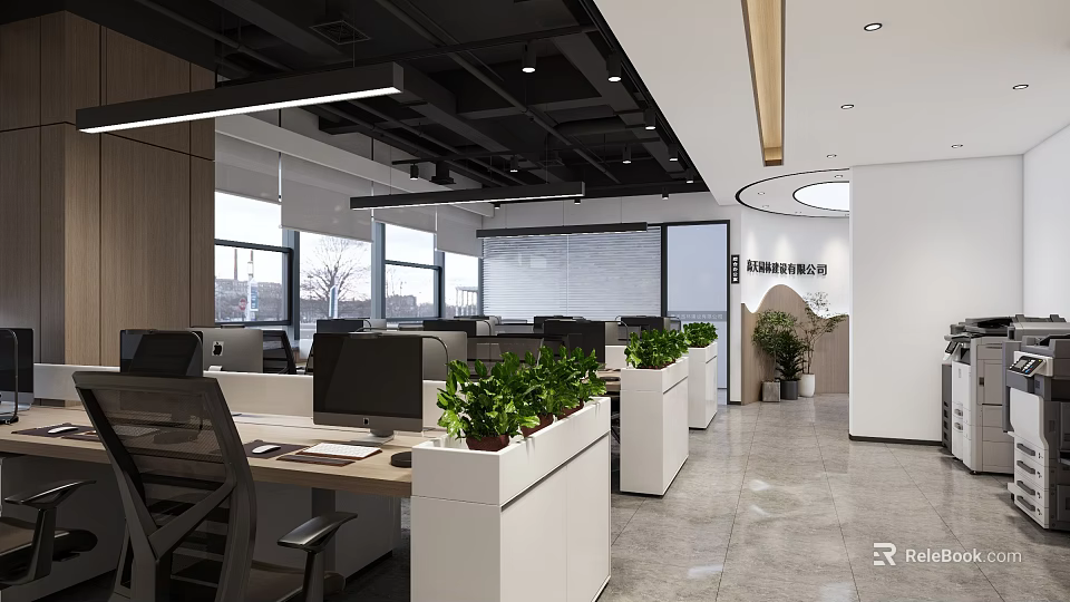 Modern Public Office Space With Open Workstations Computers Green Plants White Partitions And Large Windows 3d model 