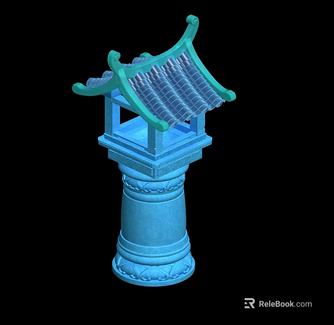 Traditional Chinese Tower Structure with Green Tiled Roof and Cylindrical Carved Base 3d model 