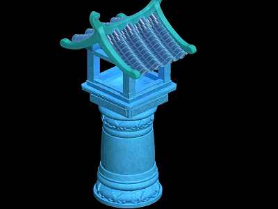 Traditional Chinese Tower Structure with Green Tiled Roof and Cylindrical Carved Base 3d model