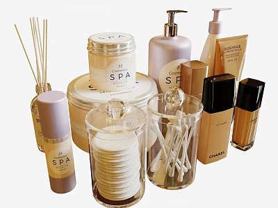 Spa Themed Bathroom Accessories Featuring Jars Bottles And Reed Diffusers 3d model