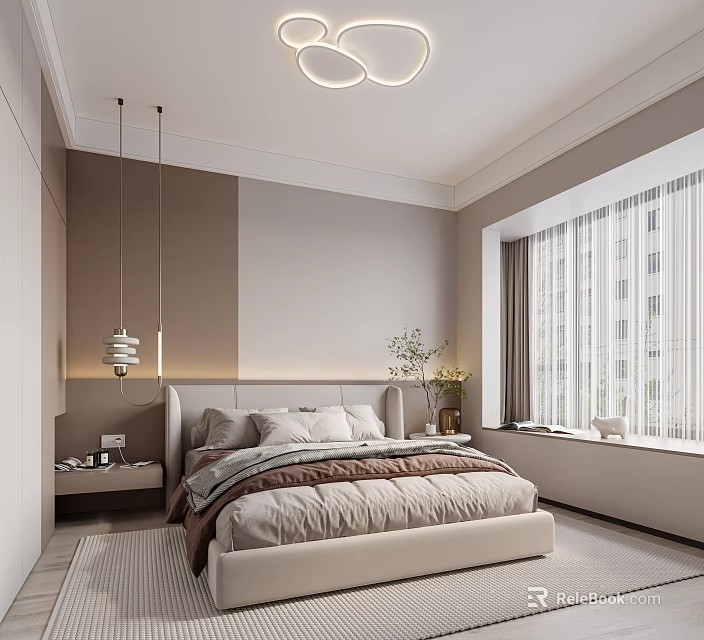 Modern Minimalist Bedroom Interior Design With Neutral Tones Bed Nightstand Ceiling Light And Window Curtains 3d model 