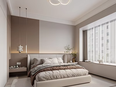 Modern Minimalist Bedroom Interior Design With Neutral Tones Bed Nightstand Ceiling Light And Window Curtains 3d model