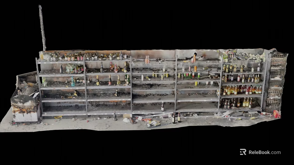 Burned Storage Shelves With Multiple Layers Of Charred Items And Scattered Debris 3d model 