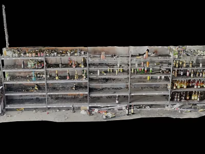 Burned Storage Shelves With Multiple Layers Of Charred Items And Scattered Debris 3d model