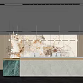 Modern Reception Desk With Elegant Marble Wall Decor Stylish Chandelier Lighting And Green Plant