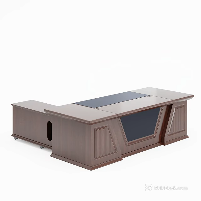 Modern Wooden Office Desk With Black Glass Panel And Decorative Side Panels 3d model 