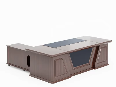 Modern Wooden Office Desk With Black Glass Panel And Decorative Side Panels 3d model