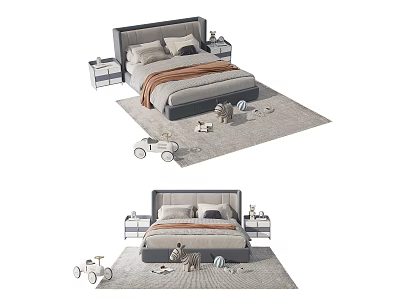 Modern Kids Bed With Soft Mattress Side Tables Plush Toys And Play Cart 3d model