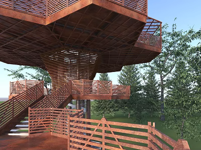 Wooden Observation Deck With Spiral Stairs Railings And Open Design In Natural Surroundings 3d model
