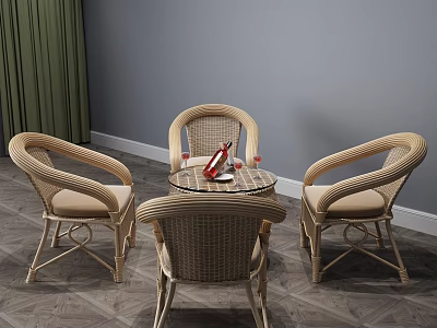 Rattan Round Table With Cushioned Chairs Red Bottle In Room With Green Curtains 3d model