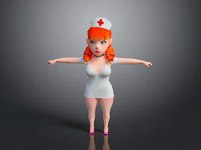 3D Nurse Character With Red Hair Pigtails Nurse Cap Red Cross White Uniform Pink Shoes 3d model