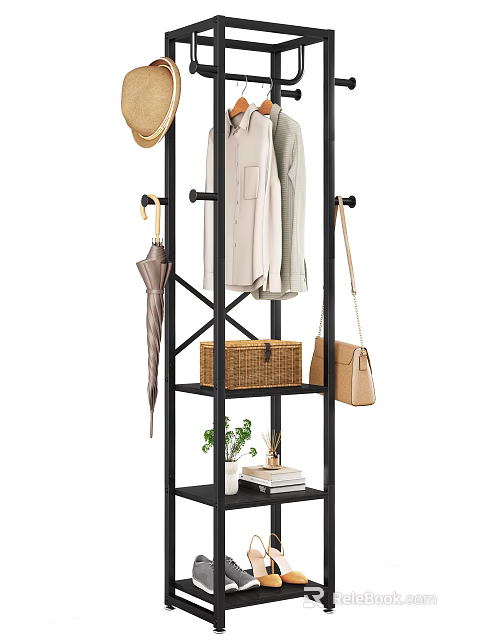 Black Metal Coat Rack with Hanging Coat Umbrella Bag and Shelf Basket Potted Plant Books 3d model 