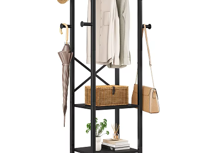 Black Metal Coat Rack with Hanging Coat Umbrella Bag and Shelf Basket Potted Plant Books 3d model