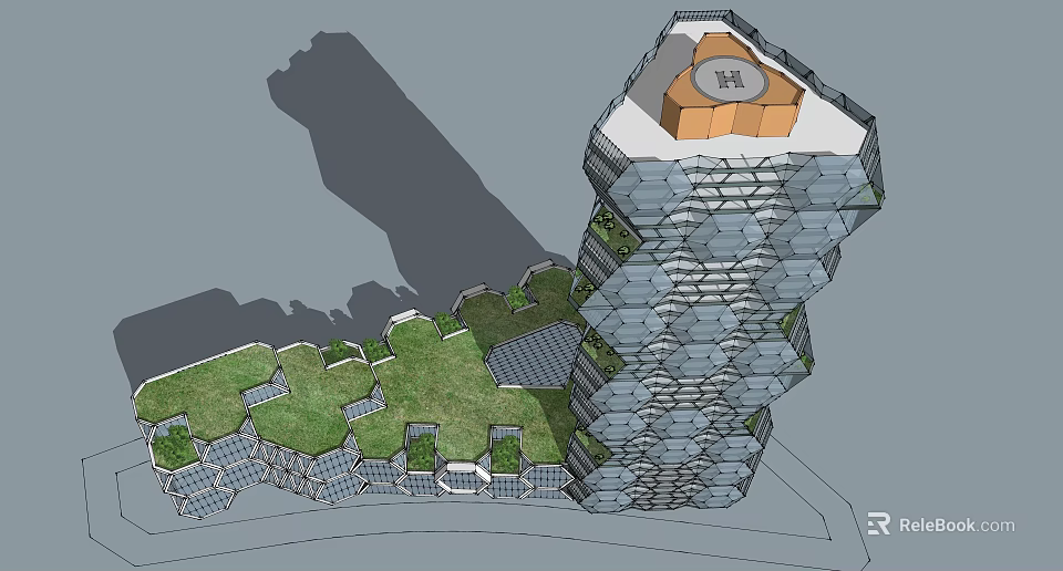 Modern Office Building With Green Roof Multi Layer Geometric Exterior And Landscaped Areas 3d model 