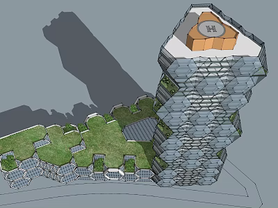 Modern Office Building With Green Roof Multi Layer Geometric Exterior And Landscaped Areas 3d model