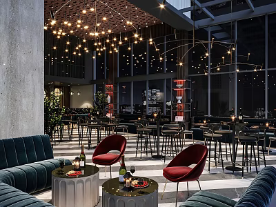 Elegant Modern Restaurant Interior With Hanging Lights Red Sofas And Dining Tables 3d model
