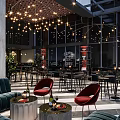 Elegant Modern Restaurant Interior With Hanging Lights Red Sofas And Dining Tables 3d model