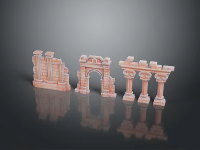 Scenic Pink Ancient Architectural Models With Columns Arch Walls And Reflections On Black Background 3d model