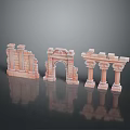 Scenic Pink Ancient Architectural Models With Columns Arch Walls And Reflections On Black Background