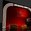 Vibrant Photo Check-in Spot With Neon Sign Red Curtain Movie Clapperboard And Wooden Crates