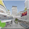Vibrant Commercial Street With Modern Multi Level Architecture Greenery Shops And Pedestrians