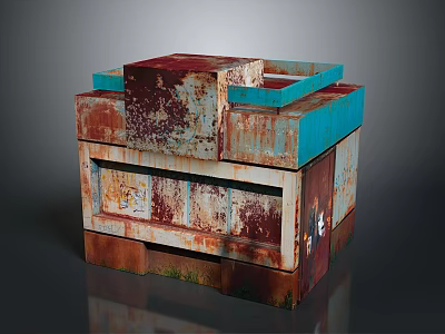 Cartoon Scene With Stacked Rusty Metal Colorful Blocks And Weathered Red Blue Textures 3d model