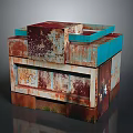 Cartoon Scene With Stacked Rusty Metal Colorful Blocks And Weathered Red Blue Textures