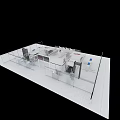 White Exhibition Booth With Open Design Multiple Display Counters Blue Accents And Fencing