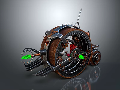 Steampunk Motorcycle With Giant Wheel Metal Parts Spikes And Green Glowing Elements 3d model
