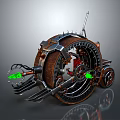 Steampunk Motorcycle With Giant Wheel Metal Parts Spikes And Green Glowing Elements