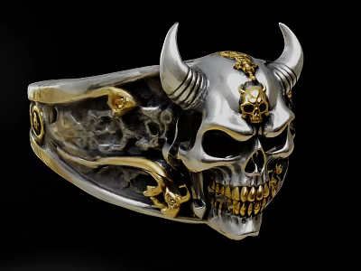 Decorative Ornament Set Featuring Skull Design With Horns Silver And Gold Ring Jewelry 3d model