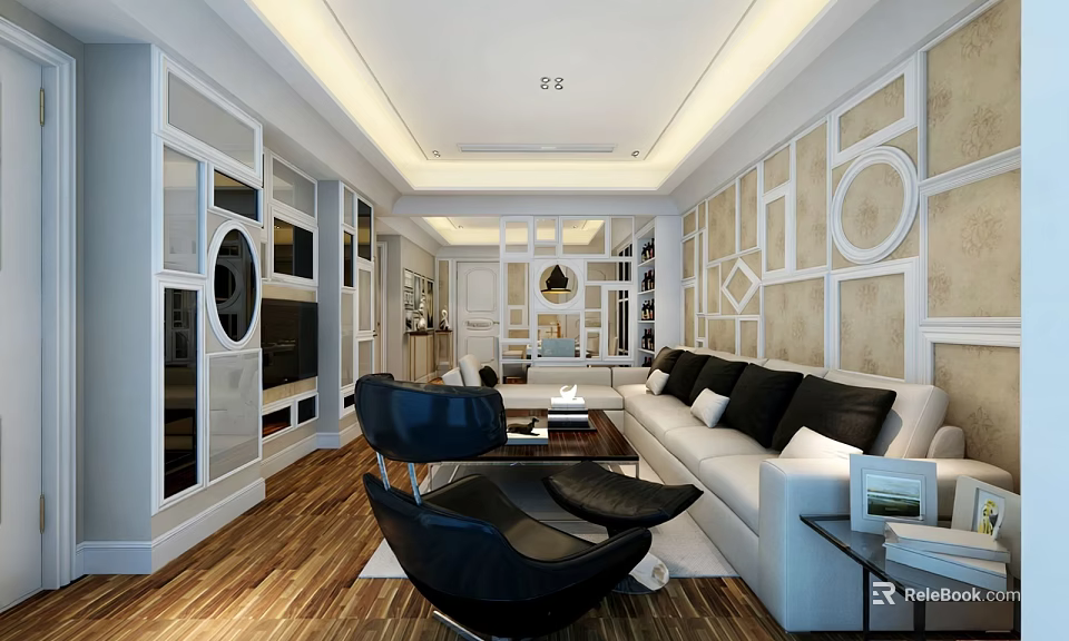 Modern Living Room Interior With White Sofa Black Chairs And Geometric Wall Decor 3d model 