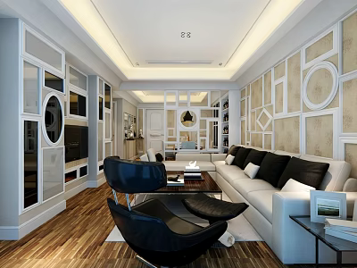 Modern Living Room Interior With White Sofa Black Chairs And Geometric Wall Decor 3d model