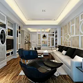Modern Living Room Interior With White Sofa Black Chairs And Geometric Wall Decor