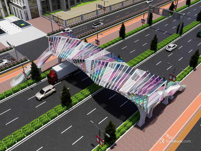 Modern Pedestrian Bridge Featuring Colorful Striped Mesh Design Over Road with Vehicles and Greenery 3d model 