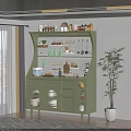 Green Sideboard With Shelves Cabinets And Kitchen Decorations In Dining Room With Potted Plant