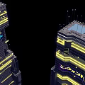 Futuristic Skyscrapers With Illuminated Yellow Lights And Unique Vertical Design