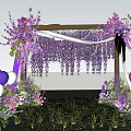 Floral Art Display With Wooden Arch Pink Purple Flowers White Drapes And Balloons