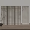 Japanese Style Room Divider With Wooden Slats Translucent Panel And Dry Branch Decor