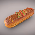 Eclair Dessert With Smooth Chocolate Glaze And Colorful Striped Decorations Plus Golden Balls
