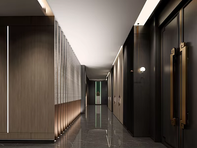 Modern Hotel Corridor With Dark Wooden Walls And Polished Floor Recessed Lighting 3d model